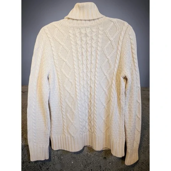 L.L. Bean Women's Cream Wool Blend Classic Cable Knit Turtleneck Sweater Large - Picture 2 of 6